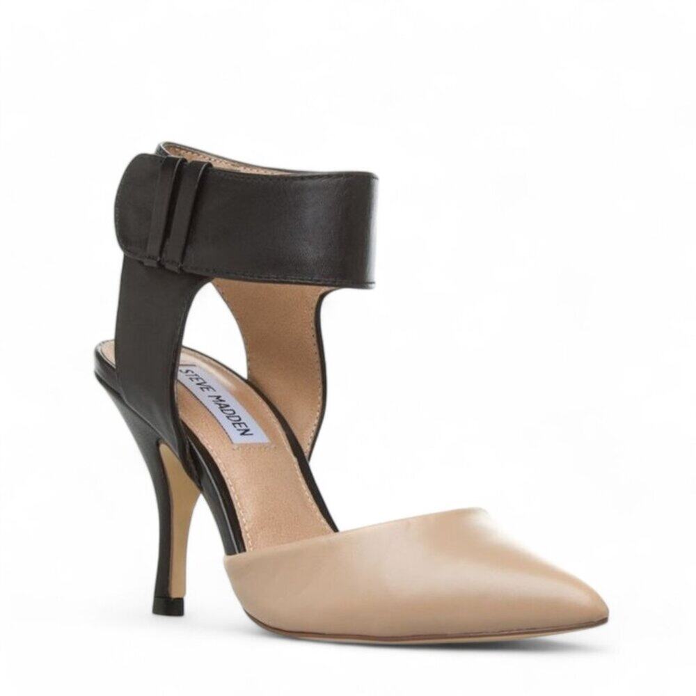 Steve Madden Swift Leather Pointed Toe Heels Black Tan Pumps Ankle Strap Size 6